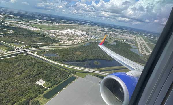 Orlando airport from window of Southwest jet after takeoff.