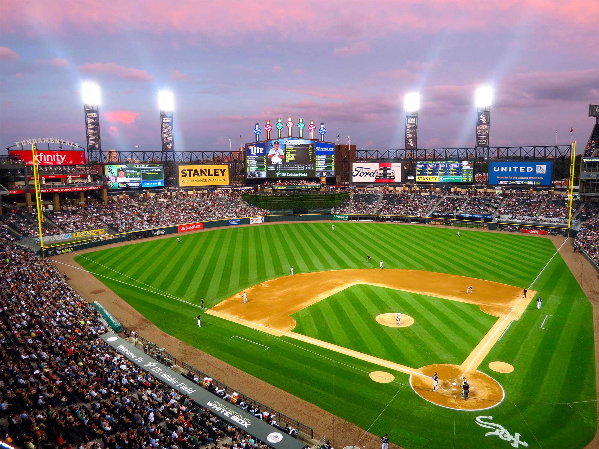 Wide angle view of Chicago White Sox baseball stadium and field.