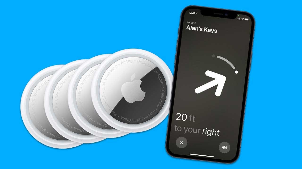 Four pack of Apple AirTags next to iPhone displaying location of lost item.