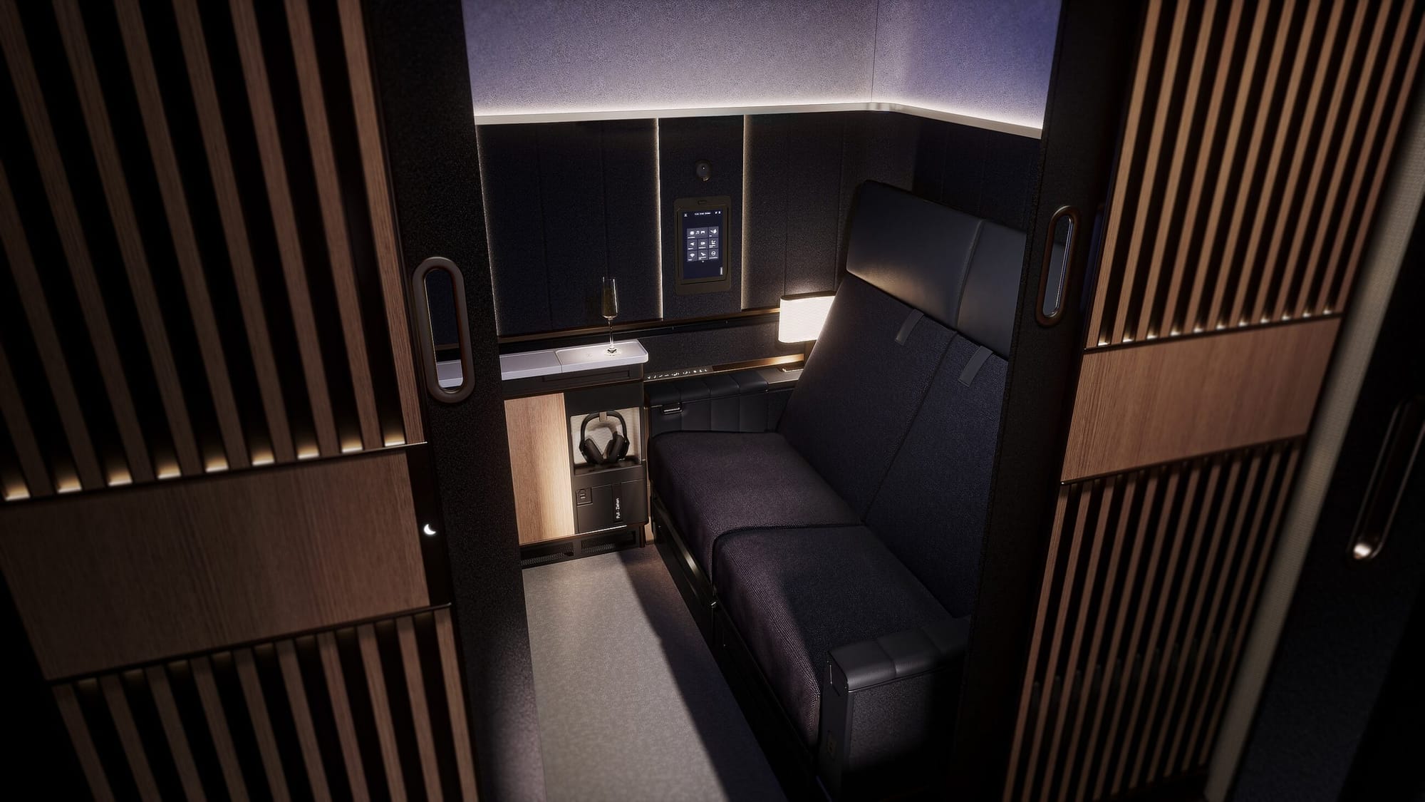 First Class suite with two seats and a closing door.