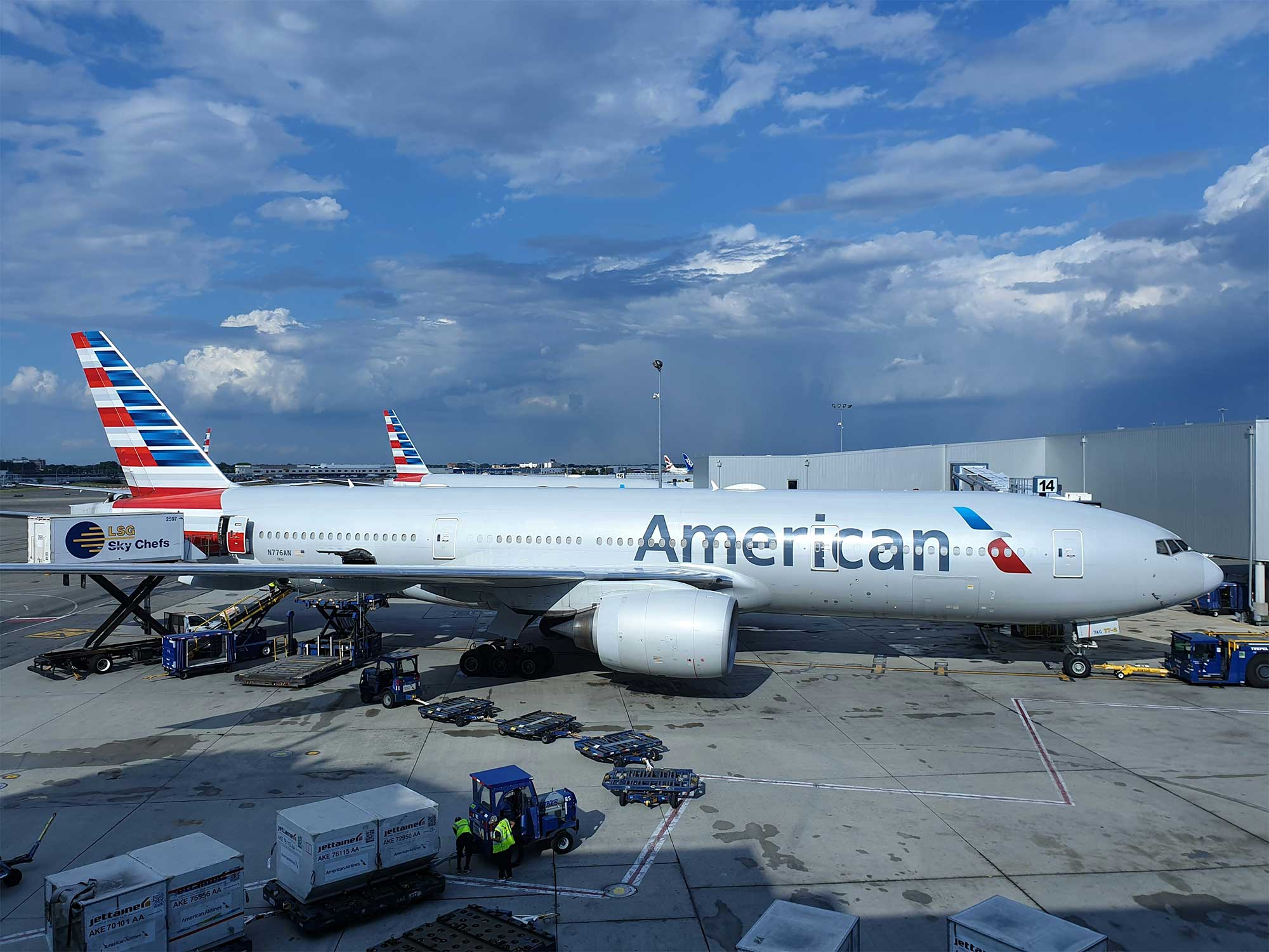 American Airlines Boeing 777 aircraft parked at gate at New York John F. Kennedy Airport.