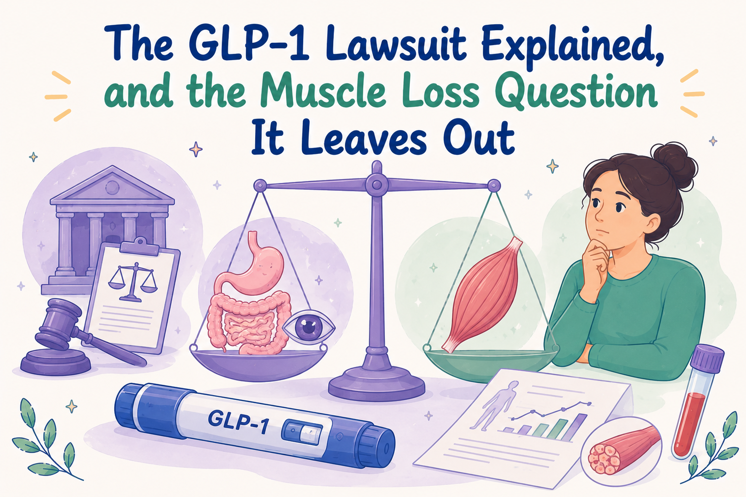 Illustrated graphic explaining the GLP-1 lawsuit and the often-overlooked question of muscle loss, featuring a GLP-1 injection, digestive and eye icons, muscle imagery, and health data.