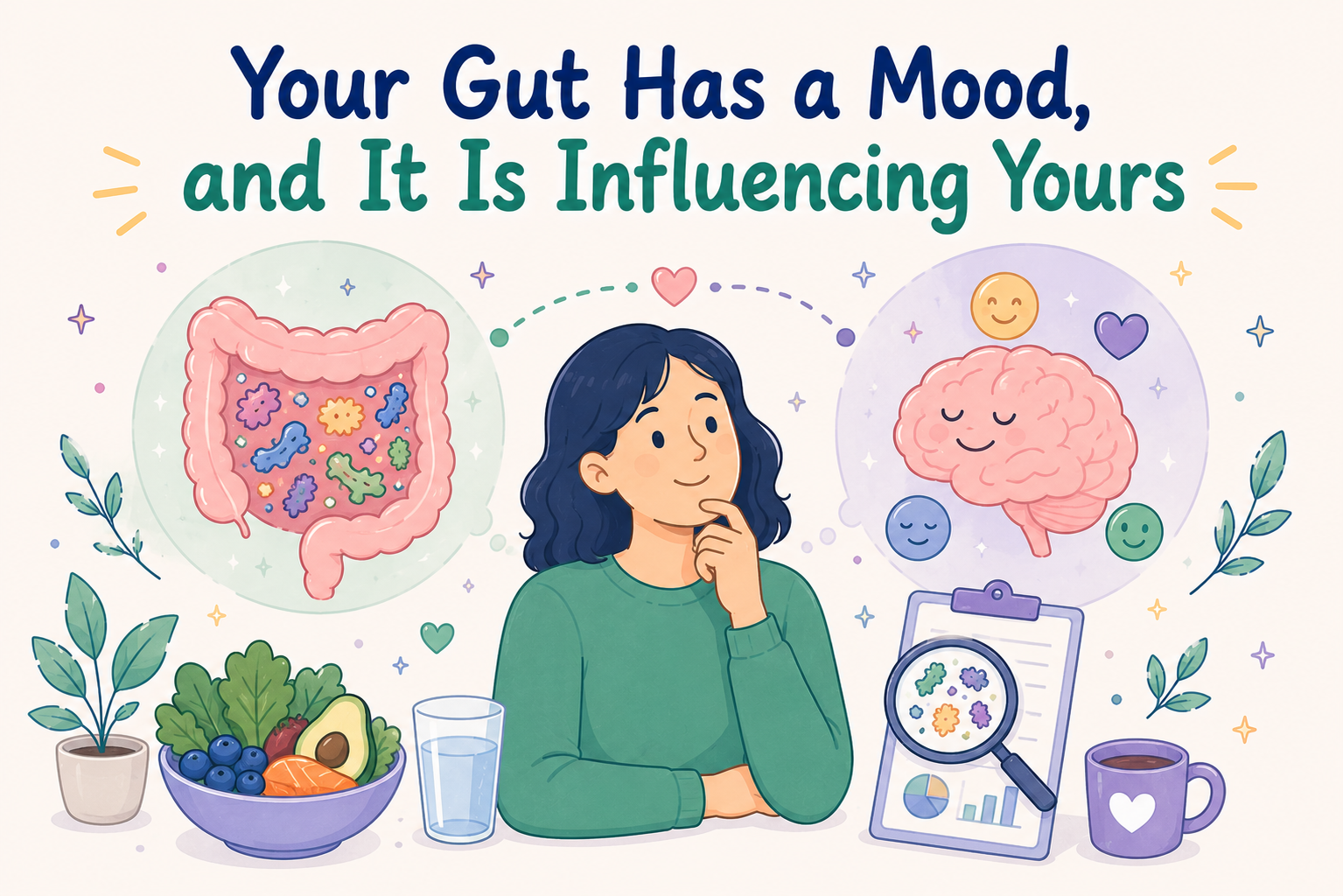 Illustrated woman surrounded by a gut microbiome and brain, showing the connection between gut bacteria, mood, and emotional wellbeing.