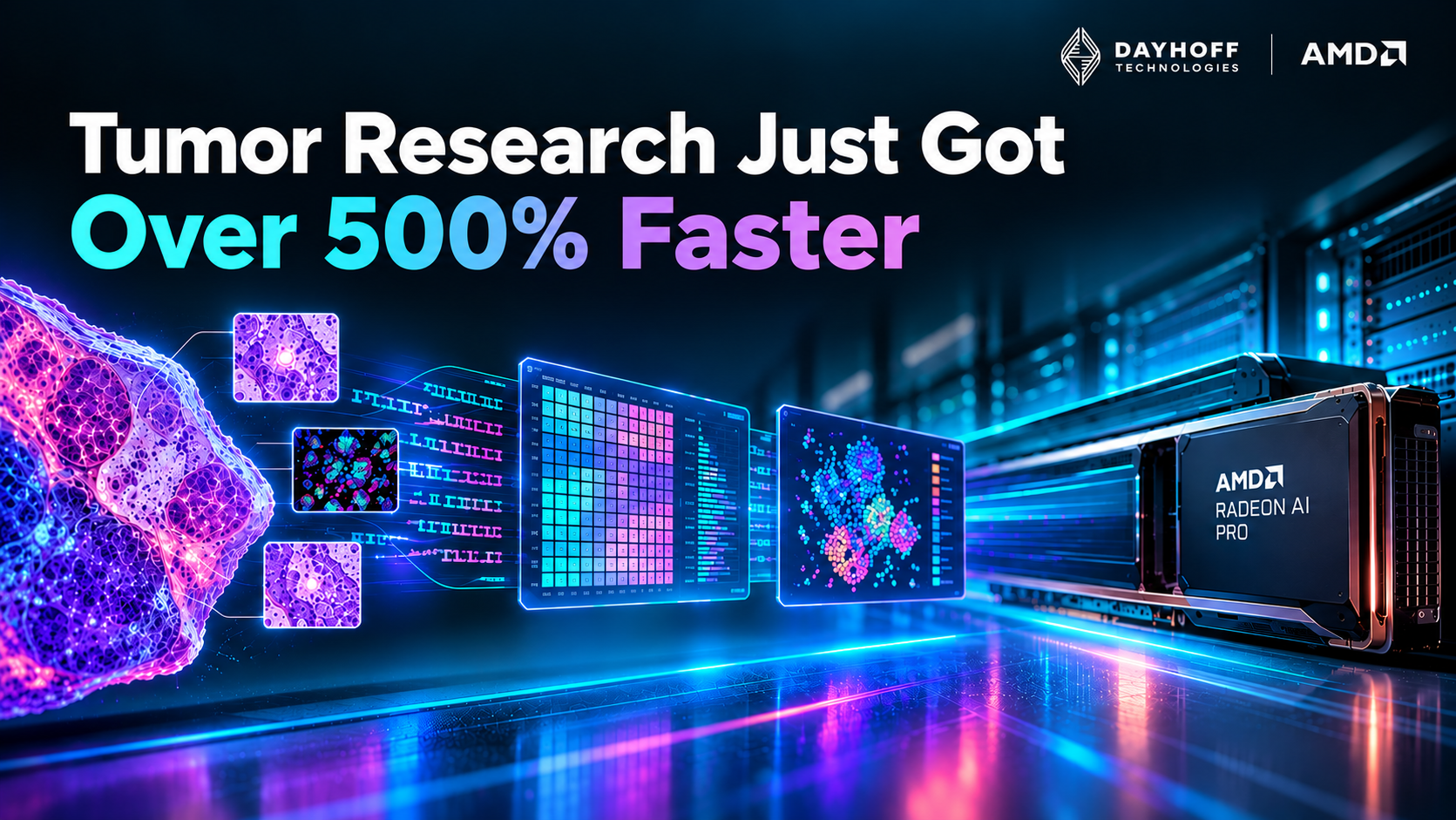 Futuristic biomedical computing scene featuring tumor tissue, genomic data, and an AMD Radeon AI PRO GPU, with the title "Tumor Research Just Got Over 500% Faster"