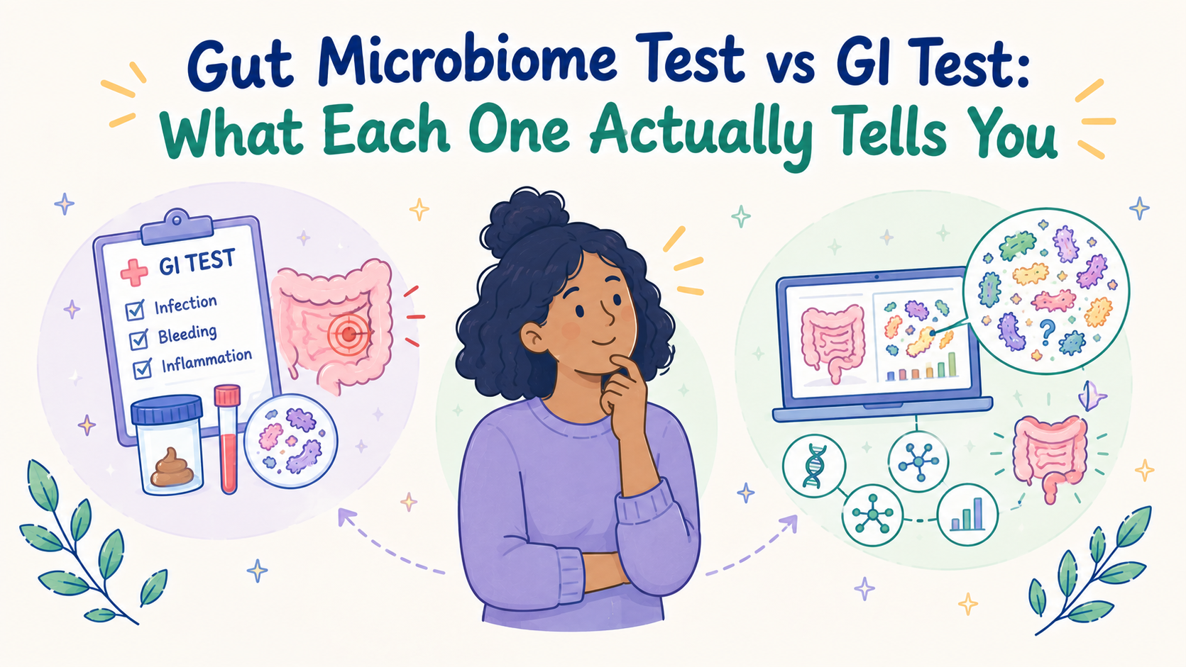 Illustrated comparison of a GI test and gut microbiome test, showing a woman between medical diagnostic imagery on one side and microbiome sequencing imagery on the other.