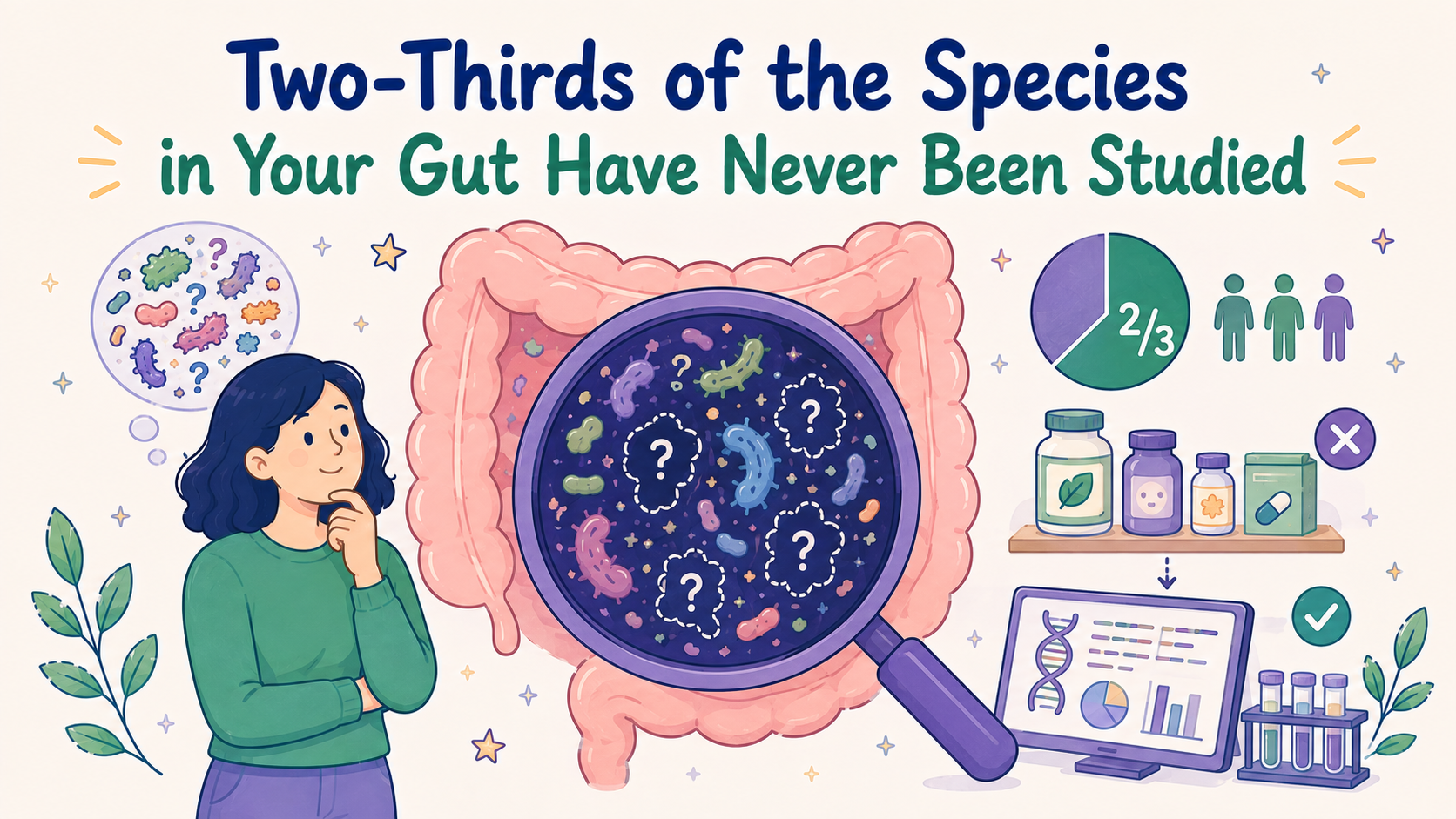 Illustrated infographic showing that roughly two-thirds of gut microbiome species remain unstudied, with a magnified gut filled with unidentified microbes, and sequencing image.
