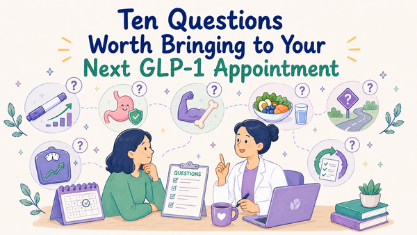 Illustrated scene of a patient meeting with a clinician to discuss GLP-1 treatment, surrounded by icons representing dosing, digestion, muscle and bone health, nutrition, and treatment.