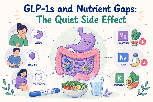 Illustrated infographic showing how GLP-1 medications may be connected to digestive symptoms and nutrient gaps. A central stomach and gut surrounded by microbiome imagery.