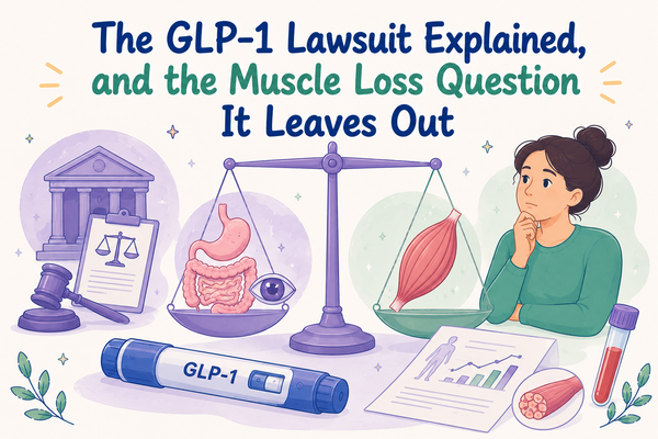 Illustrated graphic explaining the GLP-1 lawsuit and the often-overlooked question of muscle loss, featuring a GLP-1 injection, digestive and eye icons, muscle imagery, and health data.