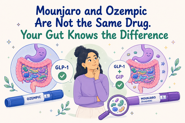 Illustrated comparison of Ozempic and Mounjaro showing pathways alongside gut microbiome imagery