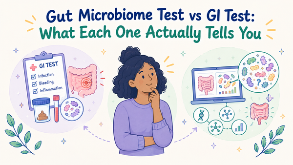 Illustrated comparison of a GI test and gut microbiome test, showing a woman between medical diagnostic imagery on one side and microbiome sequencing imagery on the other.