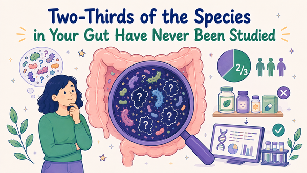 Illustrated infographic showing that roughly two-thirds of gut microbiome species remain unstudied, with a magnified gut filled with unidentified microbes, and sequencing image.