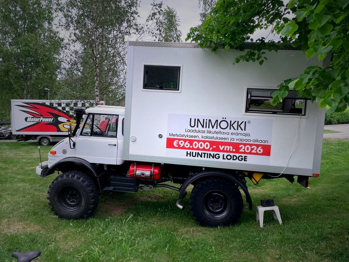 Myynnissä ja Riihimäen erämessuilla: Mercedes-Benz Unimog 416 – "Unimökki"