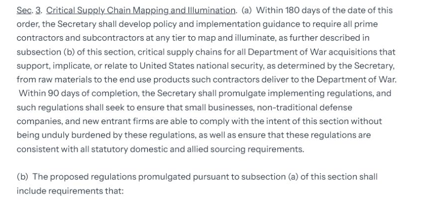 White House executive order text directing 180-day mapping of critical defense supply chains from raw materials to end-use products