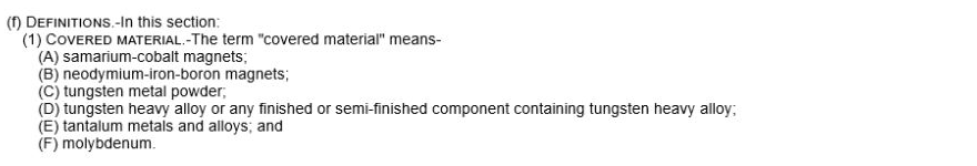 Official 10 U.S.C. 4872 list of materials already covered by special domestic-source restrictions