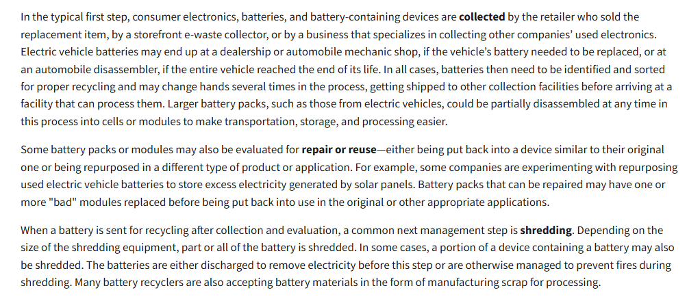 EPA recycling overview tracing end-of-life batteries through collection, sorting, possible pack disassembly, discharge and shredding