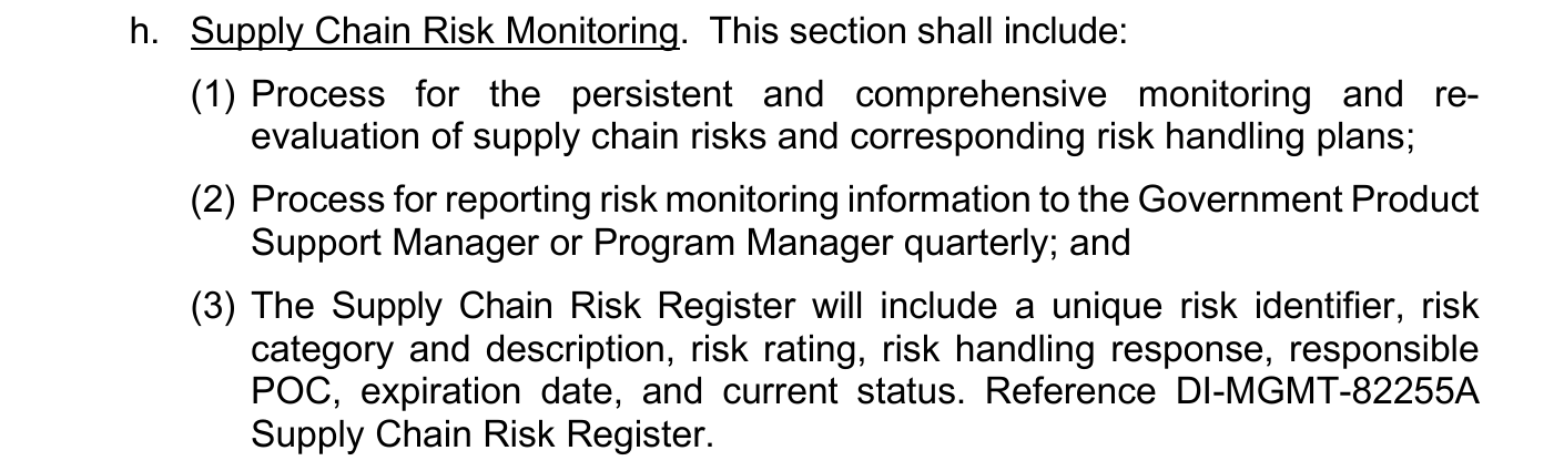 DLA SCRM plan monitoring requirements for a unique risk identifier, responsible point of contact and current status