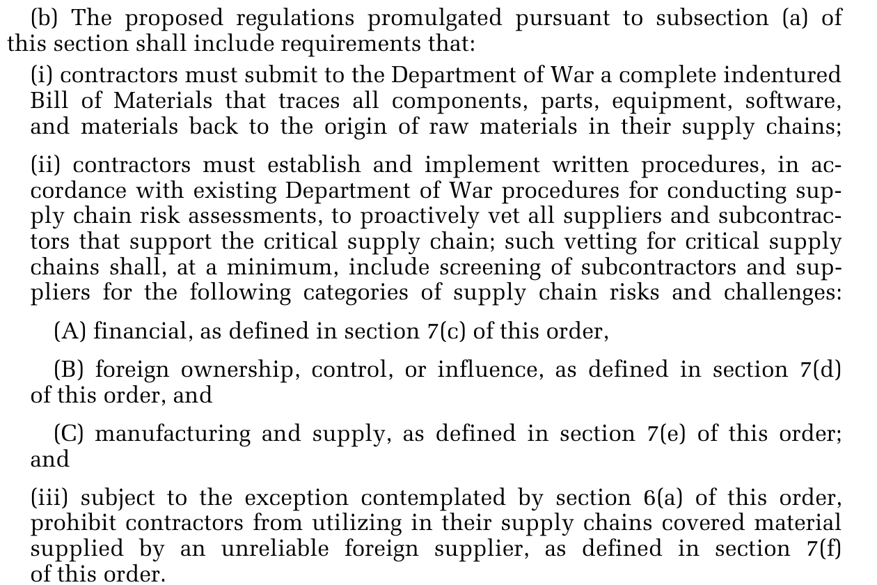 Executive Order 14415 requirements for an indentured bill of materials, all-tier vetting and named risk categories