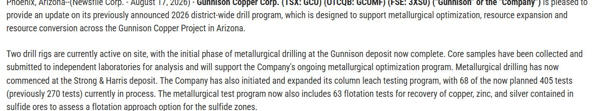 Gunnison release distinguishing 405 planned column-leach tests from 68 already in process