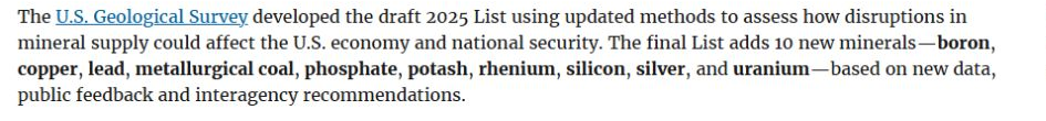 USGS paragraph listing copper among ten minerals added to the final 2025 critical-minerals list