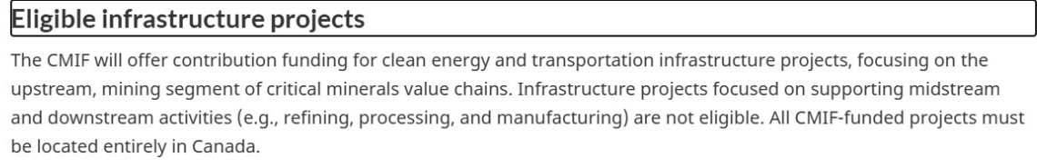 Canada CMIF applicant guide stating the upstream focus and exclusion of refining, processing and manufacturing projects