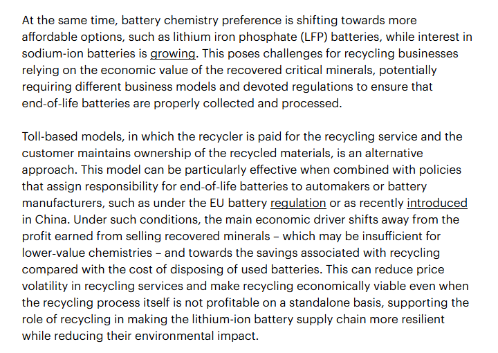 IEA battery-recycling paragraphs explaining lower-value chemistry pressure and a toll-based service model