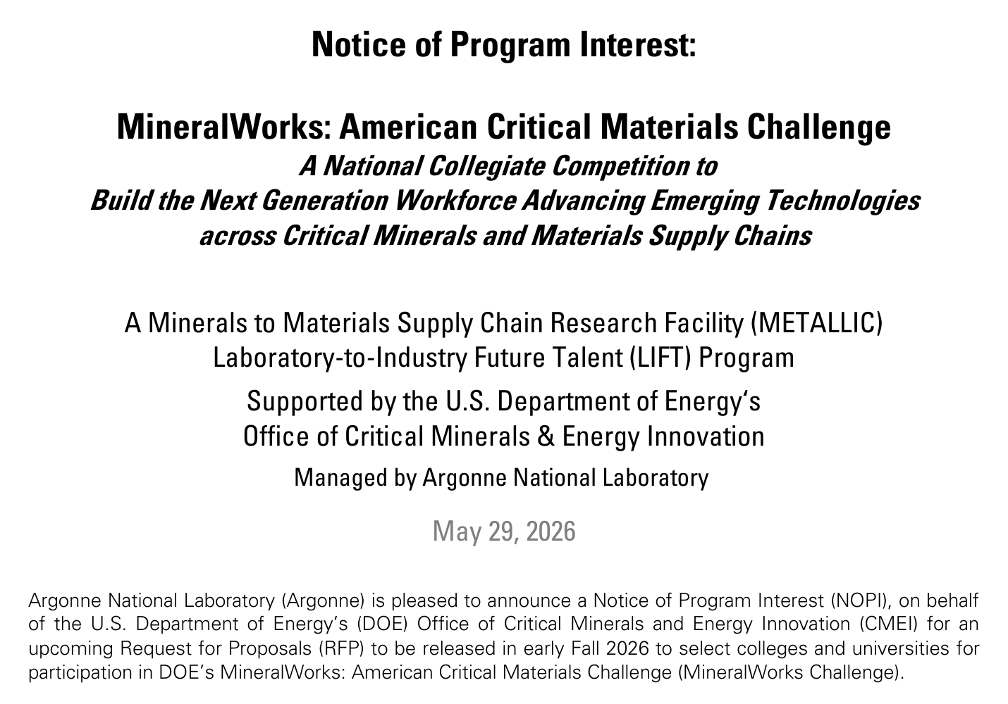 MineralWorks notice title and opening paragraph identifying a preliminary university request for proposals