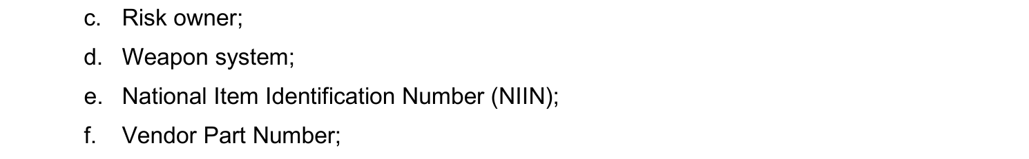 DLA risk-register fields for risk owner, weapon system, NIIN and vendor part number