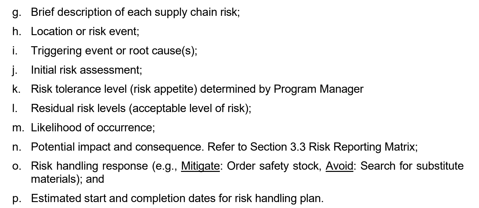 DLA risk-register fields for description, event, assessment, response and handling dates