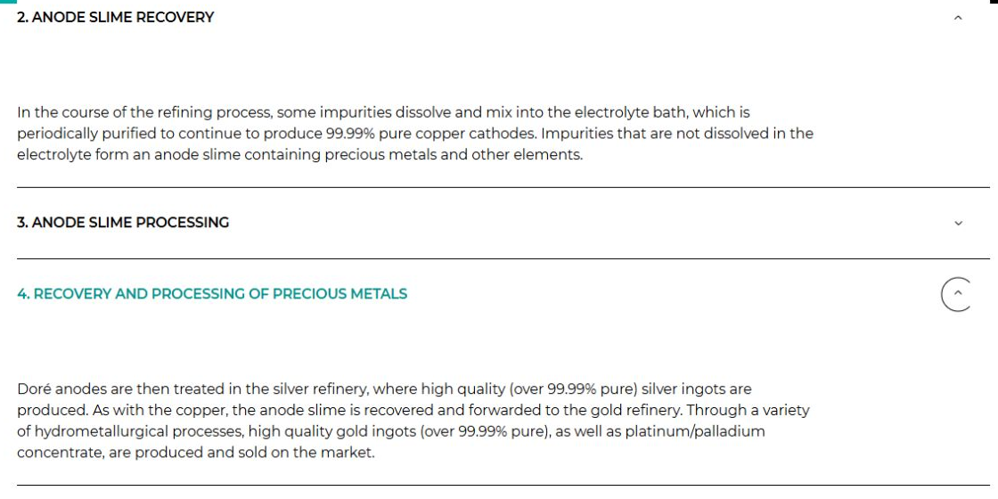 Glencore CCR process description showing anode slime recovery and production of silver ingots over 99.99 percent pure