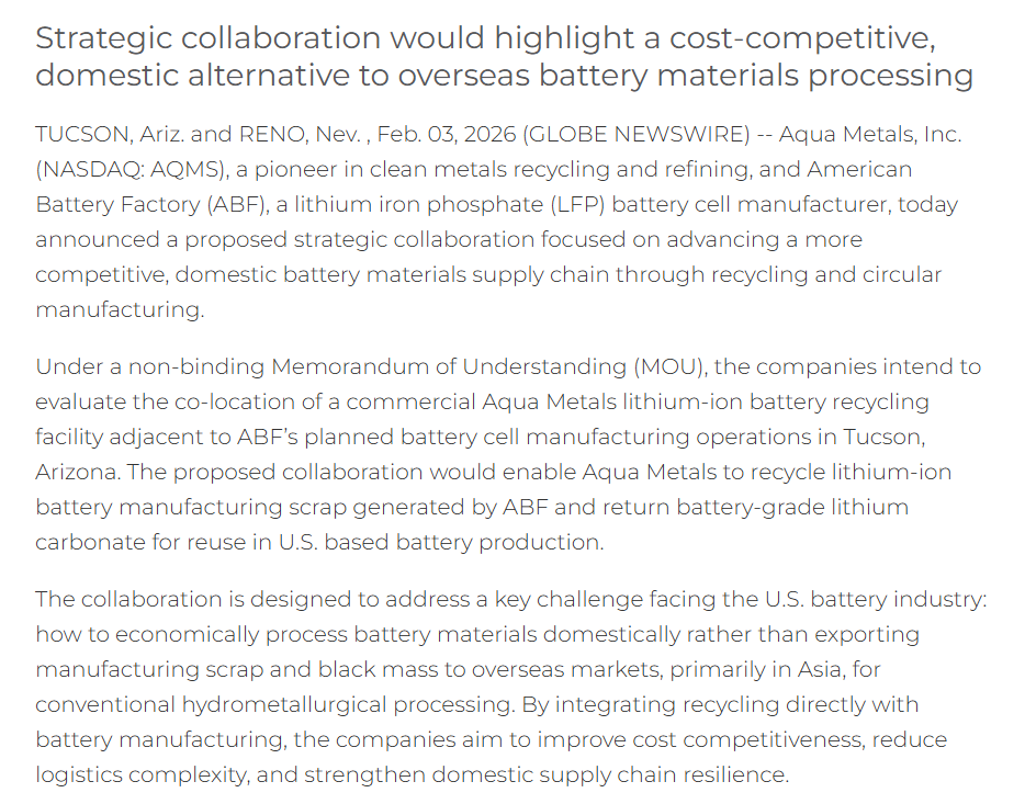Aqua Metals release describing a proposed non-binding Tucson recycling collaboration with American Battery Factory