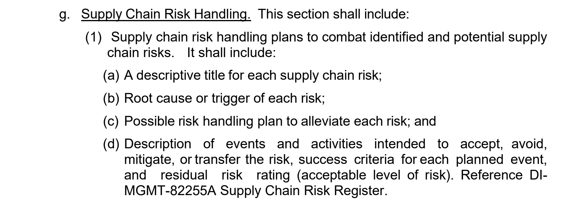 DLA SCRM plan section requiring risk-handling plans, triggers, response actions, success criteria and residual risk