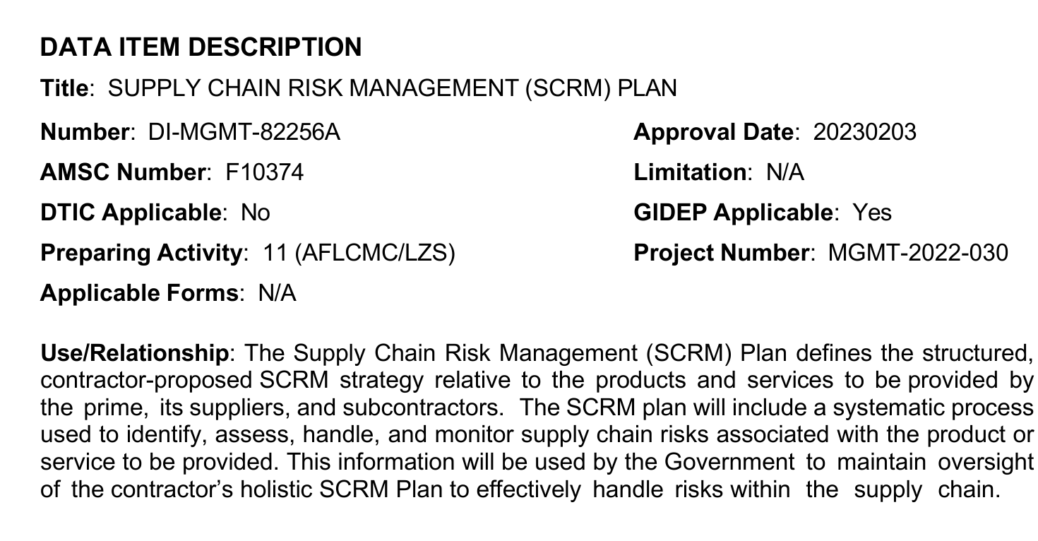 DLA SCRM plan scope covering the prime, suppliers and subcontractors