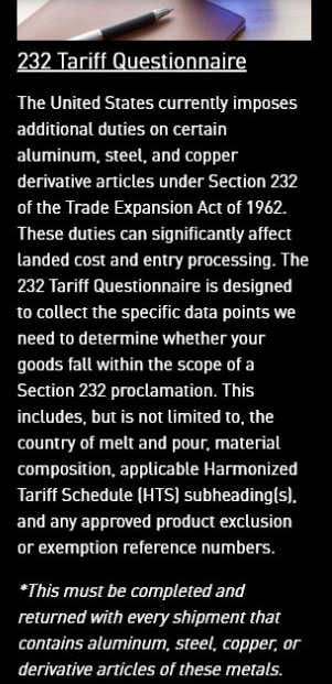 Lockheed Martin RMS copper questionnaire requesting melt-and-pour, composition, tariff and origin fields
