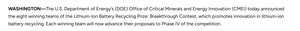 DOE opening paragraph announcing eight lithium-ion battery recycling teams and their advancement to Phase IV
