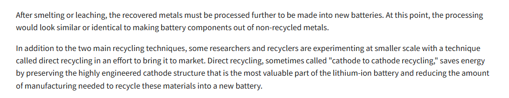 EPA paragraphs contrasting conventional recovery with smaller-scale direct recycling that preserves cathode structure