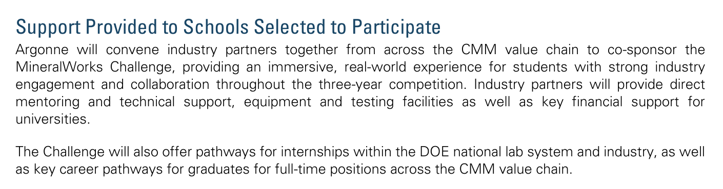 MineralWorks notice passage describing industry mentoring, facilities, internships and career pathways