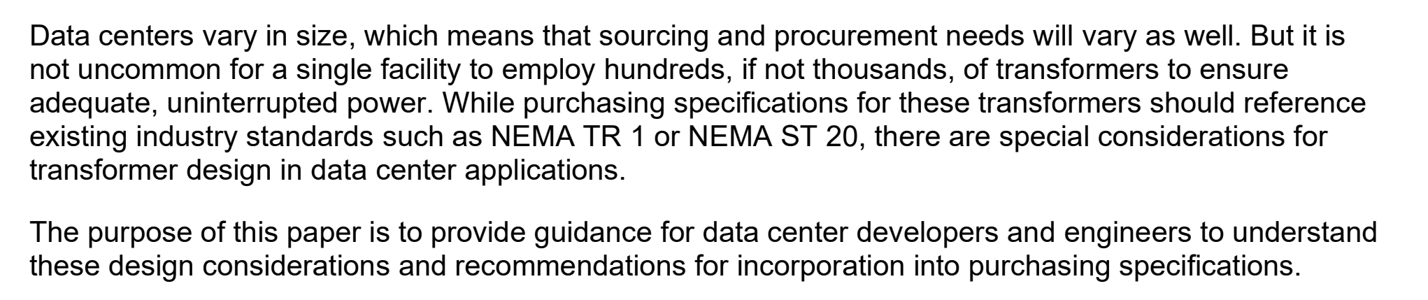 NEMA introduction explaining that data-center transformer sourcing and purchasing specifications vary