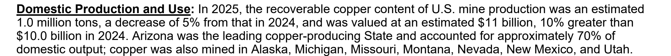 USGS passage estimating 2025 U.S. recoverable copper mine production and value