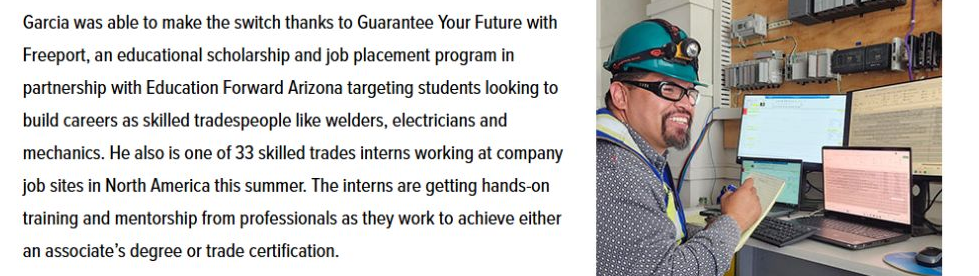 Freeport feature describing a scholarship and job-placement program plus paid skilled-trades internships