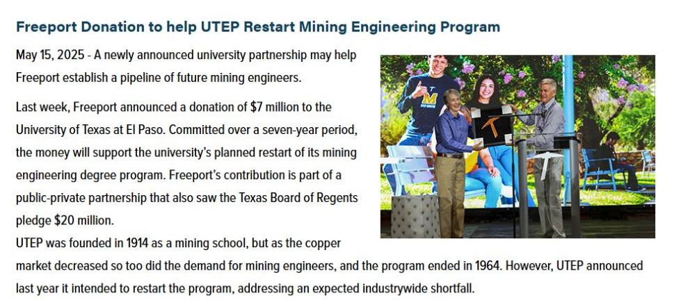 Freeport feature describing its seven-year, $7 million support for UTEP's planned mining-engineering restart