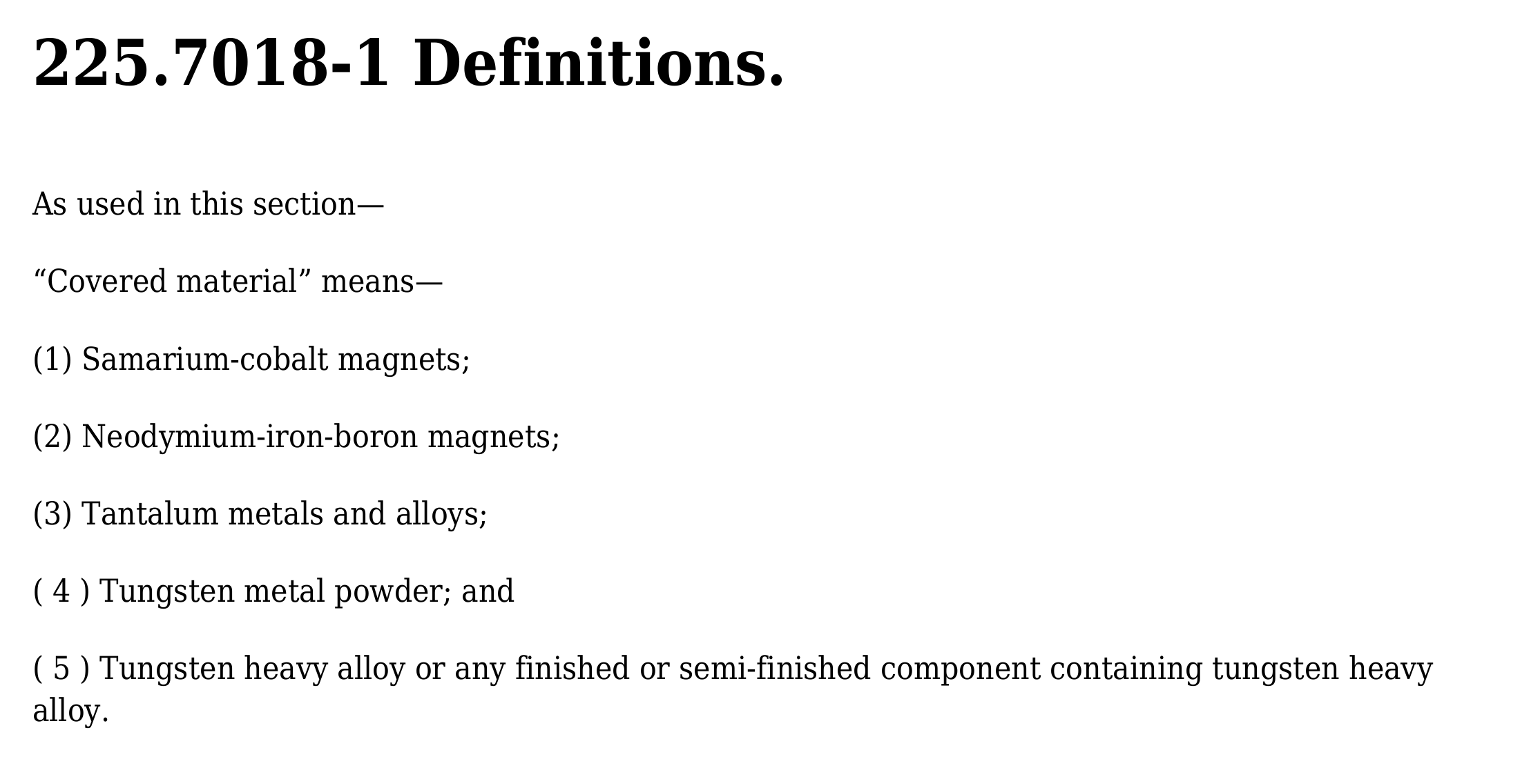 DFARS 225.7018-1 covered-material definition listing magnets, tantalum and tungsten categories