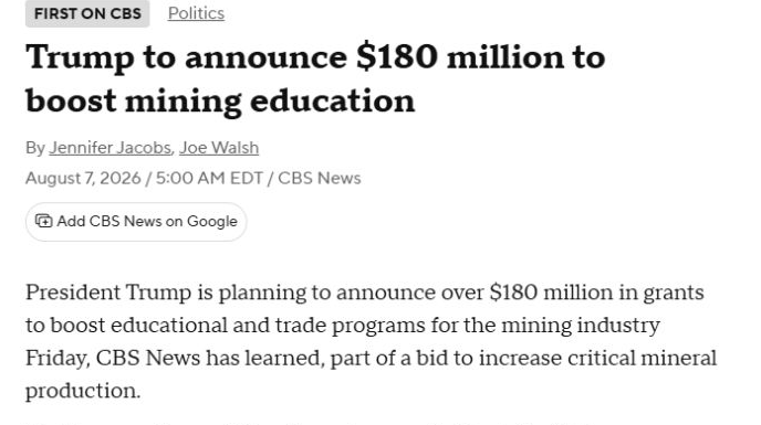 CBS News headline, timestamp and opening paragraph reporting a planned $180 million mining-education announcement