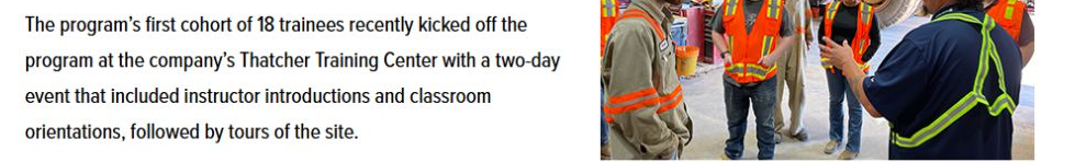 Freeport paragraph and photograph documenting the first 18 Safford apprenticeship trainees