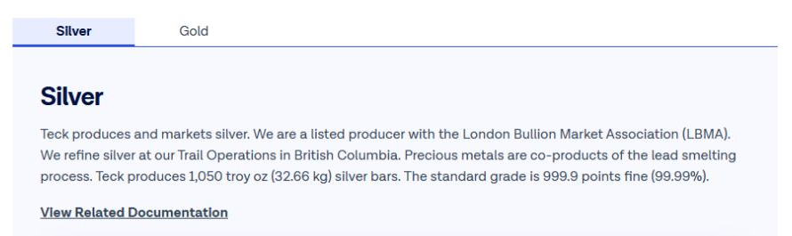 Teck webpage stating that Trail Operations refines 32.66 kilogram silver bars at 99.99 percent standard grade