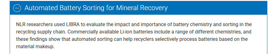 NLR accordion panel explaining that automated sorting can route batteries by chemistry and material makeup