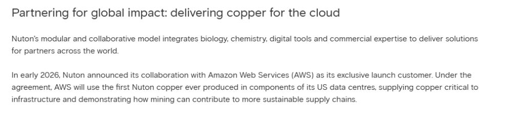 Rio Tinto passage describing Nuton's collaborative model and AWS as exclusive launch customer for U.S. data-center copper