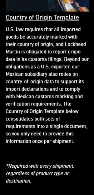Lockheed Martin RMS requirement for a country-of-origin template with every shipment