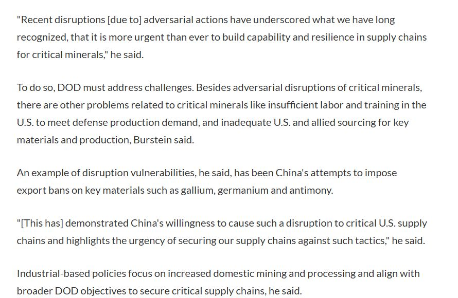 Defense Department account linking critical-mineral sourcing with production, labor, training and domestic processing