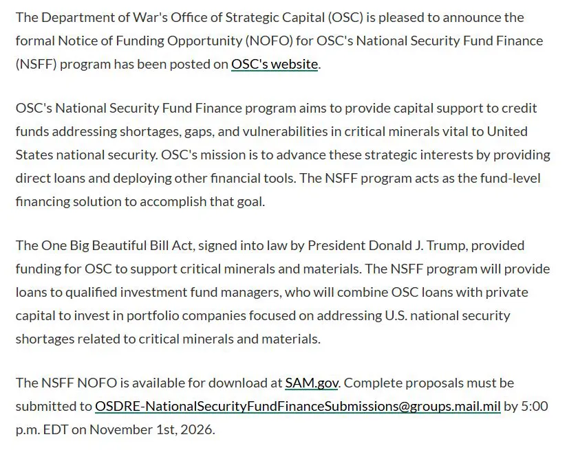 OSC release describing fund-level critical-minerals loans to qualified managers and a November 1 proposal deadline